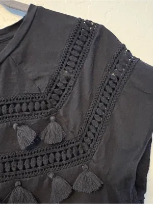 LOFT black short sleeve shirt with crochet and fringe tassel details size medium thumbnail 10
