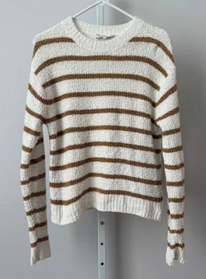 Vince S White Brown Striped Boucle‎ Sweater Cotton Pullover Fisherman Preppy thumbnail 1