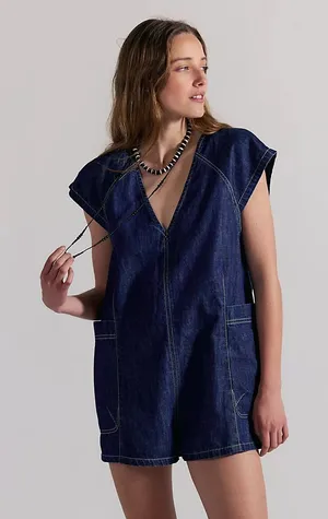 Free People Free Fall Denim Romper in Deep Blue S thumbnail 1