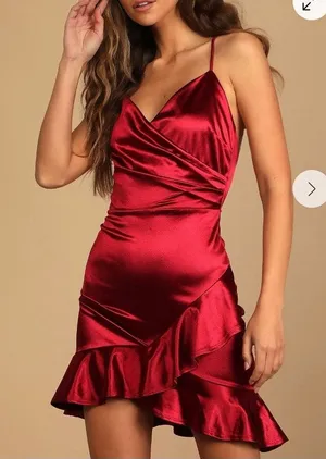 Lulus Romantic Nights Burgundy Satin Ruffled Bodycon Mini Dress Women's Small thumbnail 1