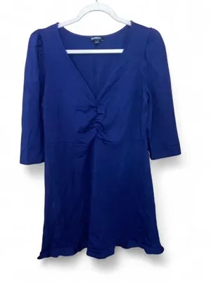 NWOT Express Cobalt Blue Ruched V-Neck Fit & Flare Dress Women’s Large Stretch Knit thumbnail 1