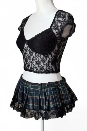 Sexy Plaid Costume Set Black Size XS thumbnail 1