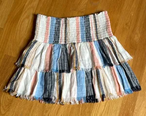 NWT Aerie Women’s Tiered Mini Skirt Size Small Striped Smocked Waist Boho Fringe thumbnail 1