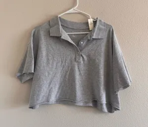 NWT aerie Light Gray Cropped Polo Top thumbnail 1
