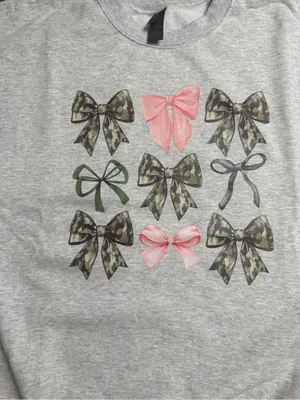 Gildan Heather Gray Crewneck Sweatshirt with Pink, Green and Camo Bows thumbnail 5