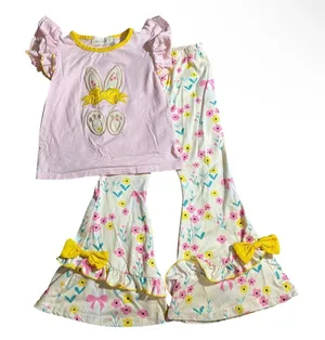 Marie Nicole Clothing Pink and Yellow Embroidered Floral Bunny Ruffle Top and Be thumbnail 1