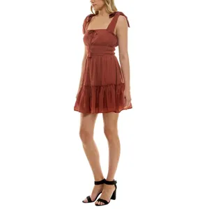 NWT Trixxi Juniors Square-Neck Tie-Strap Fit Flare Mini Dress Brown Orange S thumbnail 2