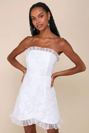NWT Lulus Exclusive Sweetness White Floral Jacquard Ruffled Mini Dress Bride L thumbnail 1