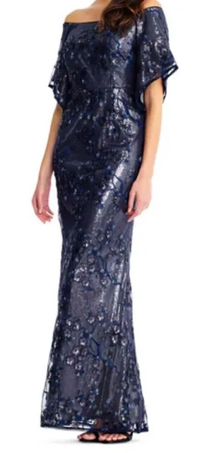 Aidan Mattox Blue Sequin Off the Shoulder‎ Dress Gown Long 6 thumbnail 1