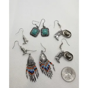 Southwest Western Earrings Lot‎ of 4 Silver Tone Turquoise Cowboy Fringe Dangle thumbnail 3