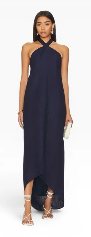 NWT‎ Onia Air Linen Halter Open Back Maxi Dress Deep Navy Medium thumbnail 1