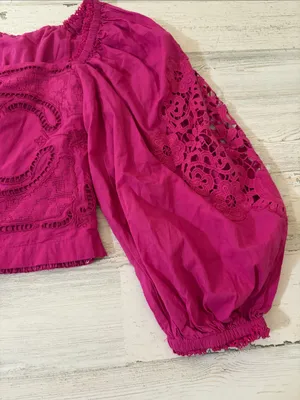 FARM Rio Pink Lace Puff sleeve Cropped Blouse thumbnail 9