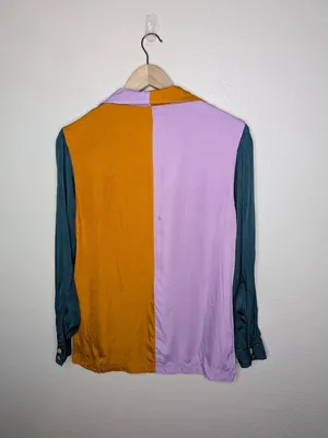 Farm Rio For Anthropologie Colorblock Button-Up Satin Shirt Size S thumbnail 6