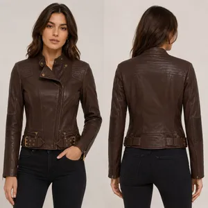 Via Spiga Moto Jacket Women S Brown Leather Biker Quilted Ribbed Gold Hardware thumbnail 11