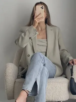 Zara blazer boyfriend relaxed ovsersize olive green casual Suit Jacket thumbnail 1
