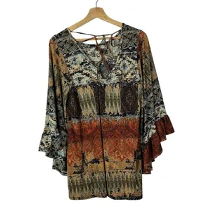 Boutique Now N Forever Brown Boho Printed Long‎ Bell Sleeve Top L thumbnail 2