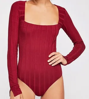 Free People Intimately Wine Red Long‎ Sleeve Beside Me Ribbed Thong Bodysuit S thumbnail 1
