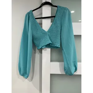 Reign The Label Teal Smocked V-Neck‎ Balloon Sleeve Crop Top Small Blue Boho thumbnail 3