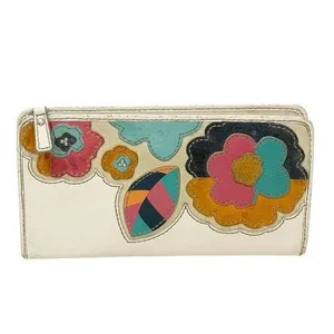 Fossil Cream Leather Suede Floral Applique Full Zipper Wallet thumbnail 1