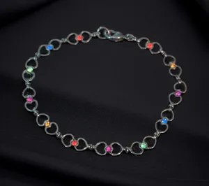 Gunmetal multicolor rhinestone heart link anklet Silver thumbnail 1