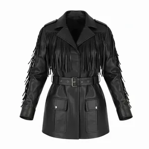 Walter Baker Linda Fringe Belted Lamb Leather Jacket Black Size S thumbnail 4