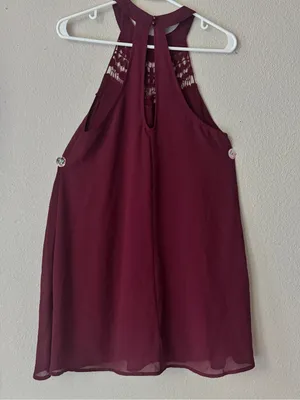 Women's Crochet Yoke Halter Dress - Burgundy thumbnail 3
