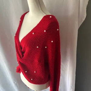 No Boundaries Red Off-the-Shoulder Sweater with Pearl Details thumbnail 3