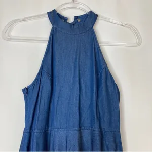 Lulus Dark Wash Chambray Sleeveless Halter Mini Dress Lace Up Womens Small thumbnail 2