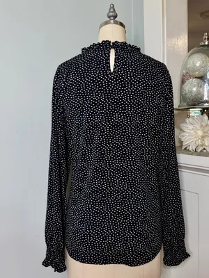 Adrianna Papell Black Polka Dot Long Sleeve Ruffled Mock Neck Blouse Size Large thumbnail 5