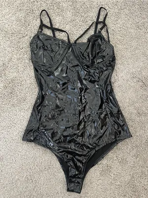 One Piece Halter Sexy Wet Look Leather Leotard Bodysuit in Black Tuzi Sz. Small thumbnail 5