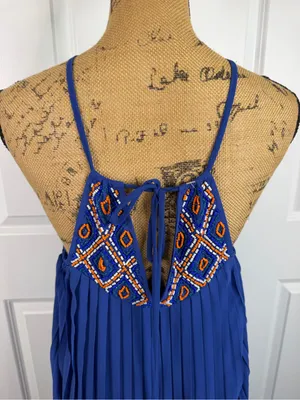 Arden B XS Cobalt Blue Beaded Pleated High Low Maxi Dress Y2K thumbnail 8