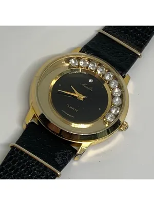 Vintage moulin women watch floating crystals gold tone 33mm black running thumbnail 2