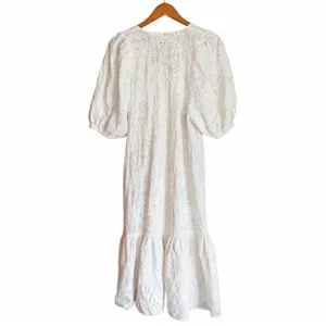 Zara White Eyelet Embroidered Midi Dress Size S Puff Sleeve Cotton Boho Cottage thumbnail 4