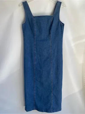 Habitual medium wash denim Stretch midi dress sleeveless fall transition Large thumbnail 2