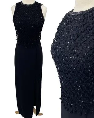 Vintage 90s Column Maxi Dress Sequin Fishnet Crochet Overlay Black NEW Womens S thumbnail 1
