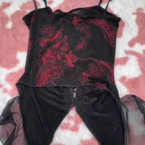 🔥 Y2K Gothic Fairy Corset Top – Black & Red Paisley Lace-Up Camisole w/ Sheer Flowy Panels (Size S) 🖤 thumbnail 6
