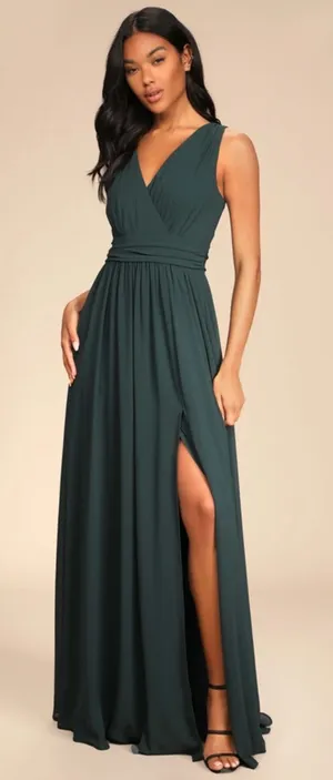 NWOT Lulus Thoughts of Hue Emerald Green Surplice Maxi Dress Bridesmaid Size L thumbnail 1