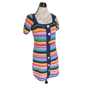 Farm Rio Sweater Dress XS Striped Short Sleeve Winter Summer Fall Boho Retro thumbnail 3