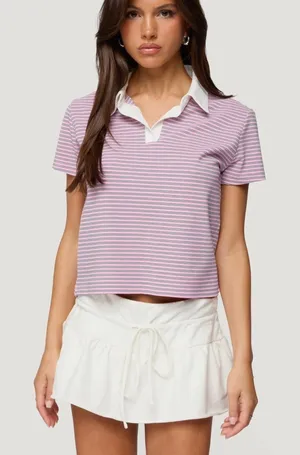 Pink Striped Collared Edikted T-Shirt thumbnail 1