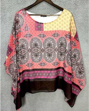 Milano Top 1X Geometric‎ Patchwork Poncho Kimono Sleeve Boho Festival Relaxed thumbnail 1