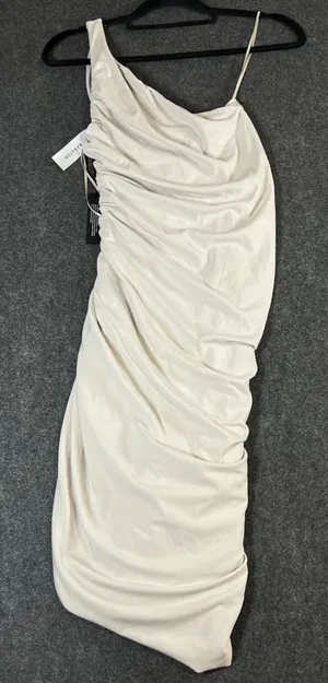 Ten by Babaton Vertigo Mini Dress Matte Pearl One Shoulder Ruched 114001 S thumbnail 1