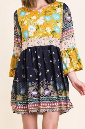 Umgee Yellow Floral Boho Patchwork Mini Dress Size Medium thumbnail 1
