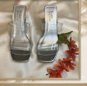 Jessica Cline Silver Metallic Clear Strap Block Heel‎ Slide Sandals Square Toe 7 thumbnail 1