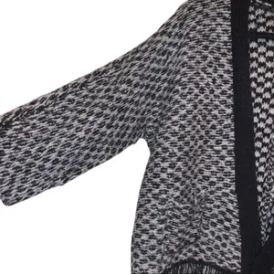 LOFT Wool Blend Fringe Cardigan Black White Open‎ Front Poncho Style Sweater Med thumbnail 3