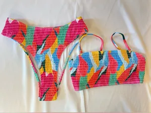 Colorburst Smocked Bandeau Bikini Set - Pink Multicolor thumbnail 1