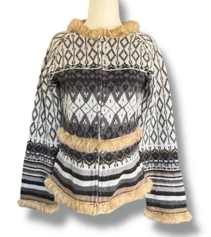 Vintage Y2K Fair Isle Shetland Wool Knit Cardigan Rabbit Fur Trim Belted Scarf‎ thumbnail 1