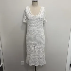 Vtg Y2K Fever M Medium Dress Crochet Open‎ Knit Sheer Lined Romantic Beachy Boho thumbnail 3