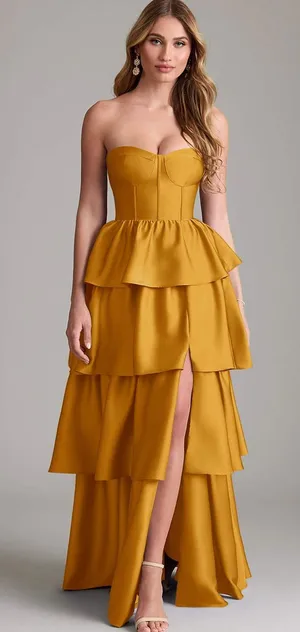 Azazie Faye Butterscotch A-Line Ruched Stretch Satin Dress size 12 NEW party thumbnail 1