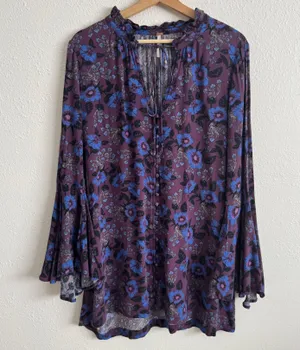 Free People Wine Purple Blue Boho Floral Mystery Bell Sleeve Tunic Blouse thumbnail 4