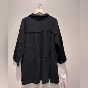 Mienne Black Babydoll Cotton‎ Collared Textured Mini Dress Large Pockets thumbnail 2